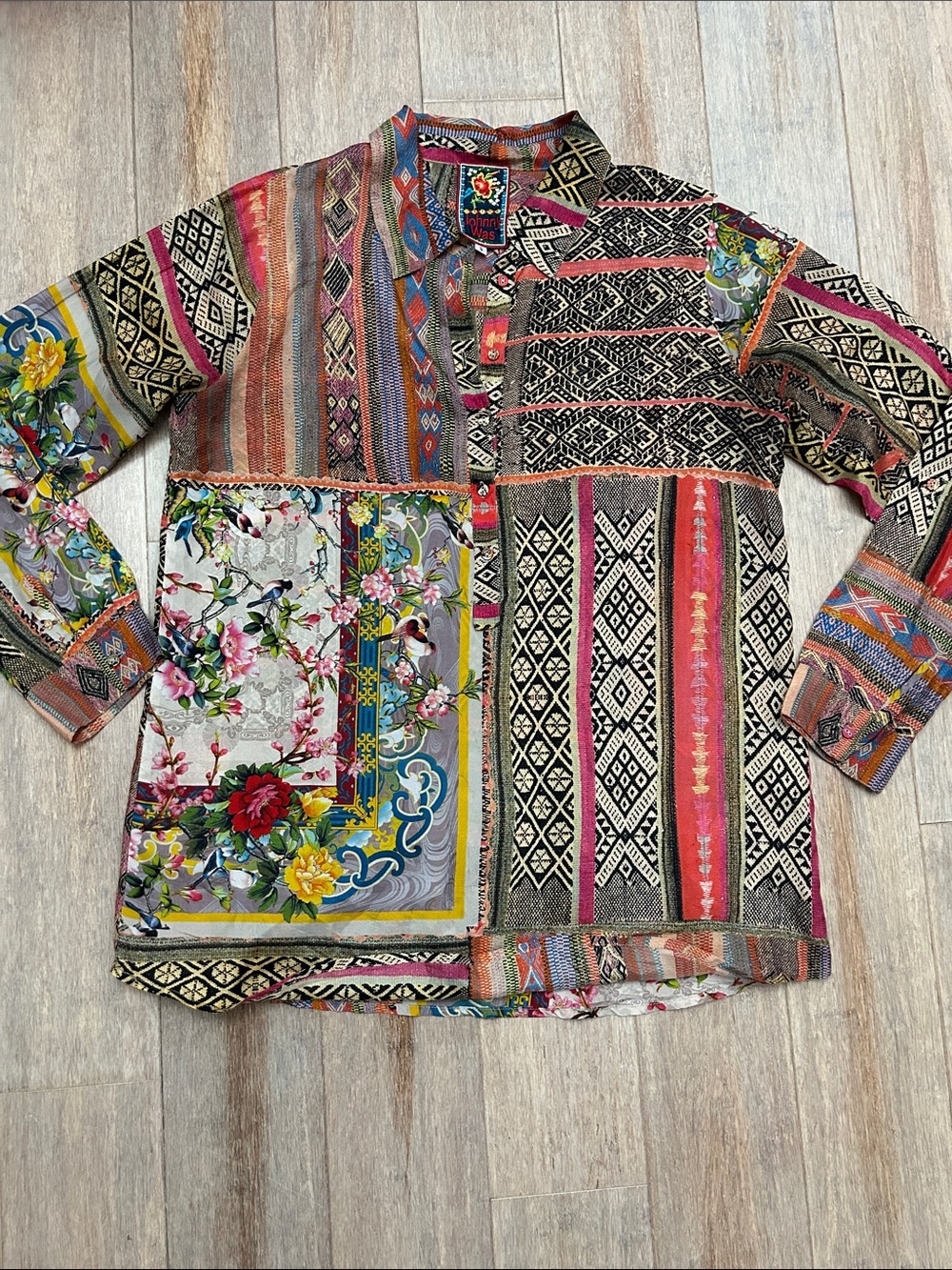 Johnny Was Multicolor Floral & Tribal Patchwork Button-Down Top
